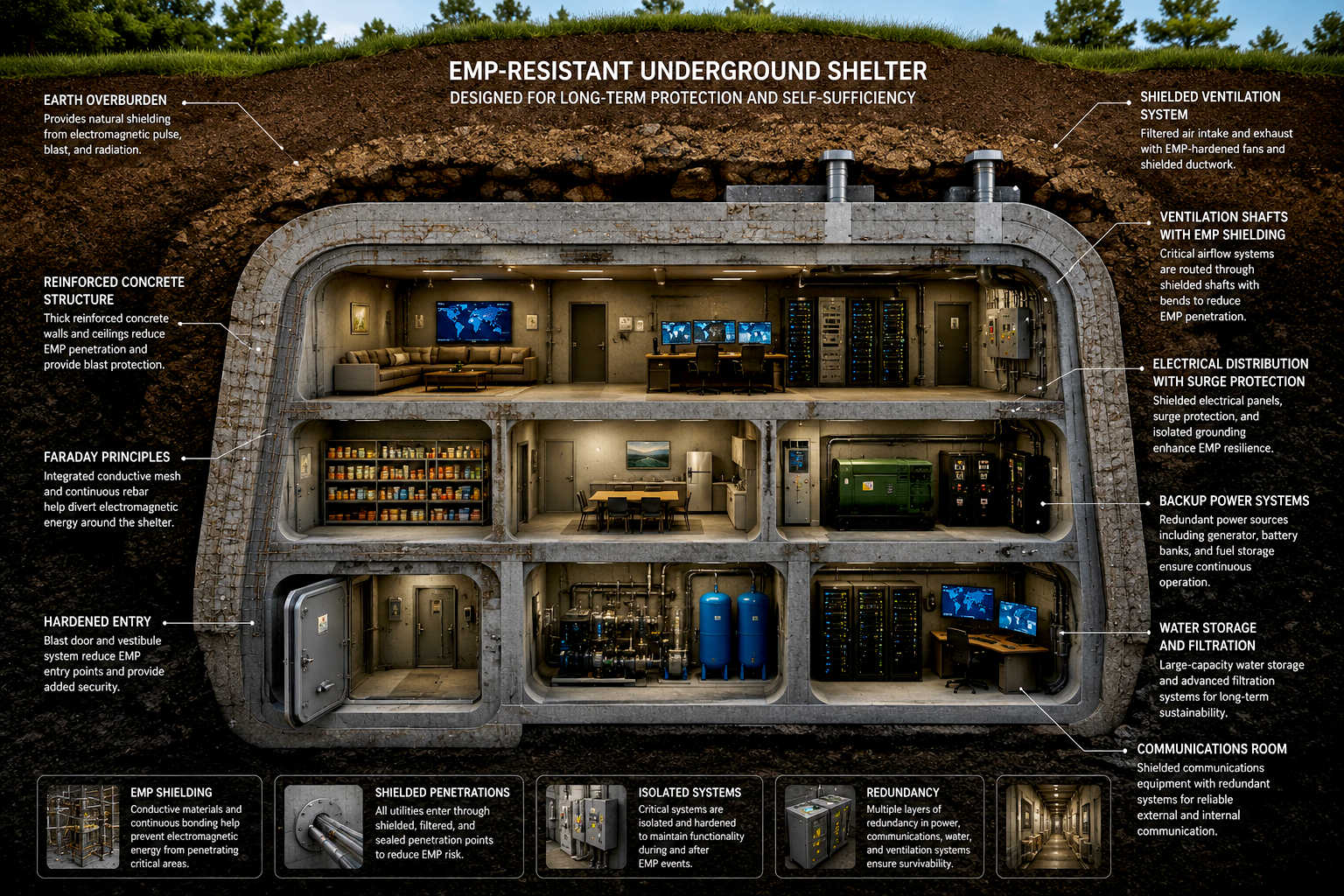 Cutaway diagram of an EMP-resistant underground shelter with reinforced concrete, shielded systems, ventilation, backup power, and communications that answer the question, "Will an Underground Shelter Shield EMP?"